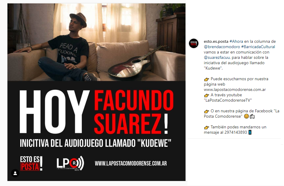 Flyer de la entrevista realizada a Facundo Suárez en el programa de Radio Esto Es Posta